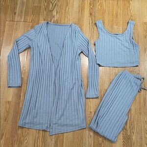 SHEIN Light Blue Ribbed 3-Piece Lounge Set